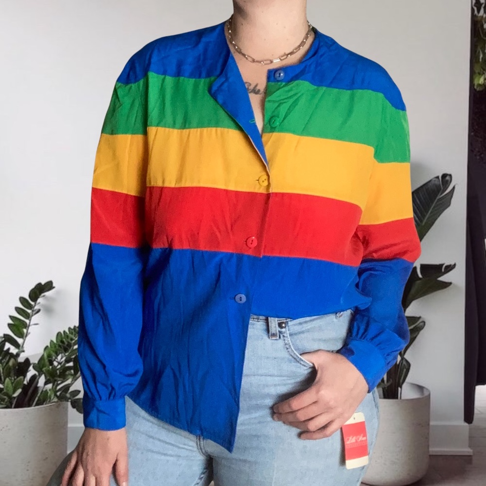 Vintage 90s Rainbow Striped Union Deadstock Unisex Button Up Pride Size 12